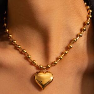 18K Gold Plated Stainless Steel Bead Chain OT Buckle Chunky Heart Necklace